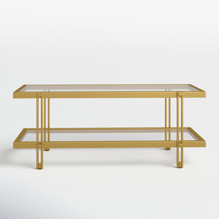 Modern Brass Finish Rectangular Coffee Table with Glass Storage Shelf