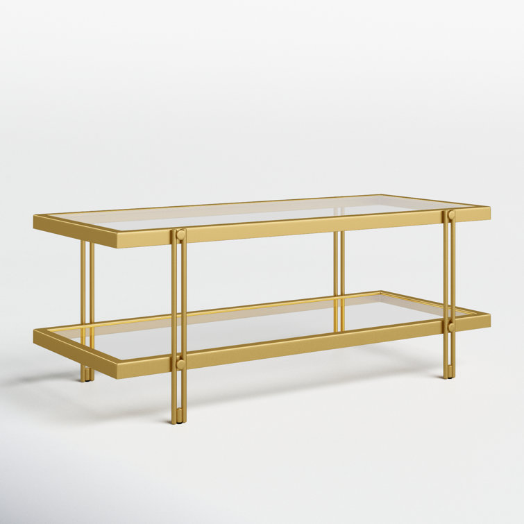 Modern Brass Finish Rectangular Coffee Table with Glass Storage Shelf