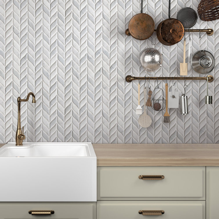 White Calacatta Recycled Glass Leaf Mosaic Tile