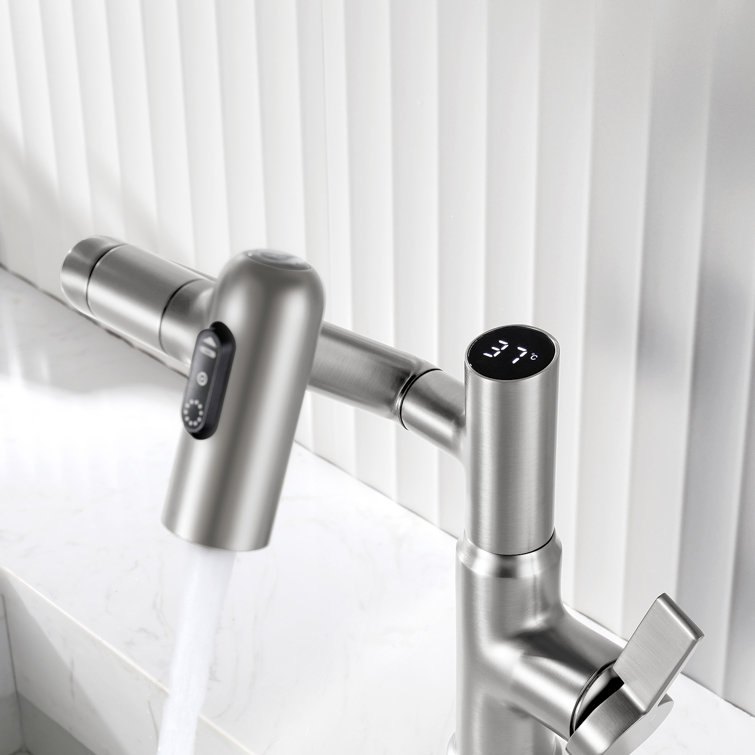 Brushed Nickel Rotatable Bathroom Faucet with Temperature Display