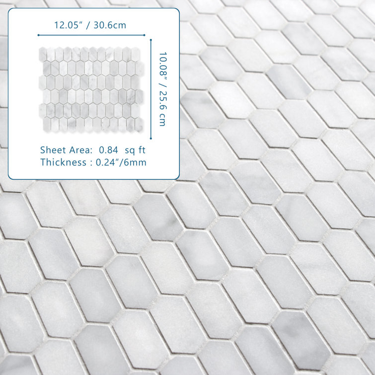 12" x 10" White Carrara Marble Hexagonal Mosaic Tile