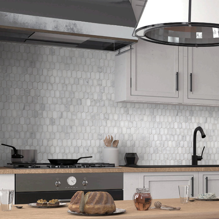 12" x 10" White Carrara Marble Hexagonal Mosaic Tile