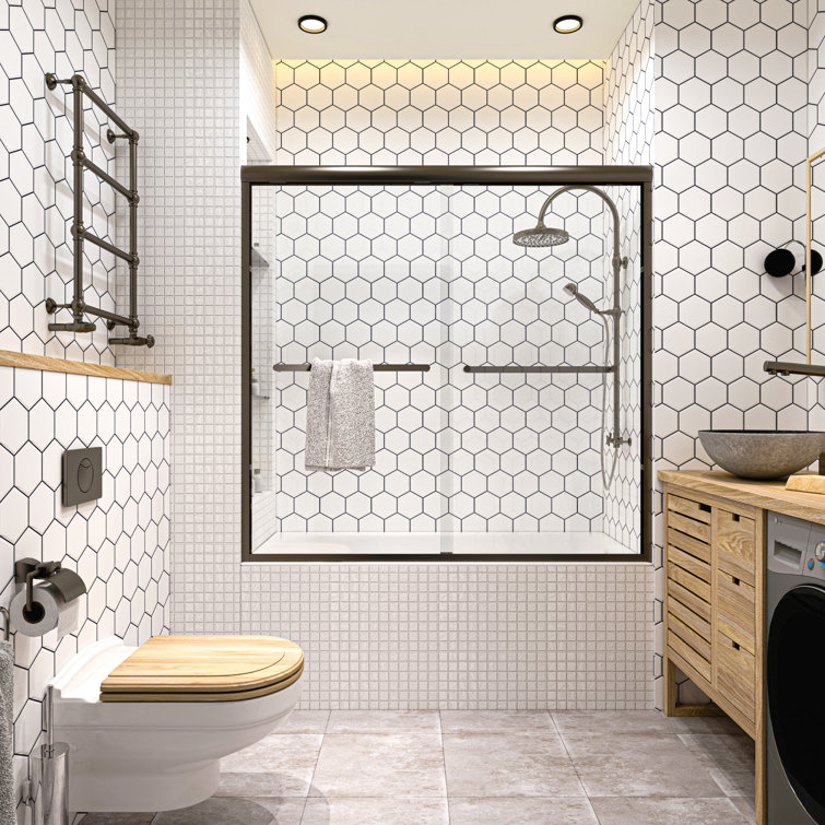 Oil Rubbed Bronze Double Sliding Semi-Frameless Tub Door with Clear Glass