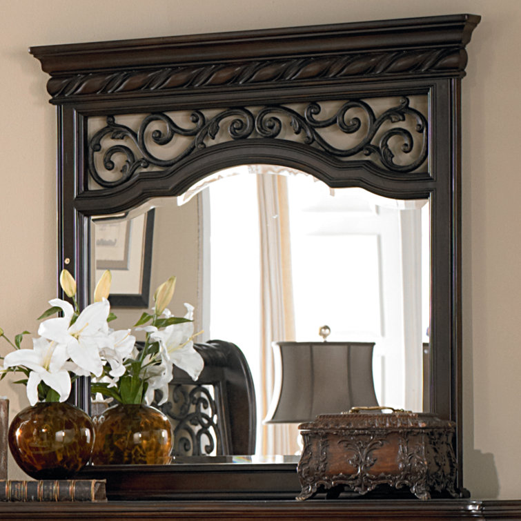 Queen Dark Brown Wood Sleigh Bed Set with Dresser and Mirror