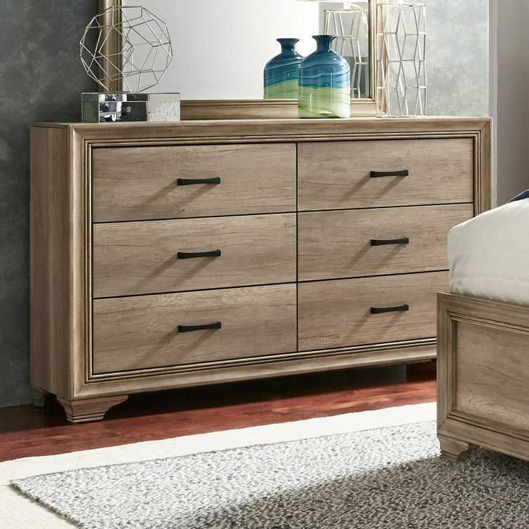 Sandstone Finish King Upholstered Bed with Dresser and Mirror