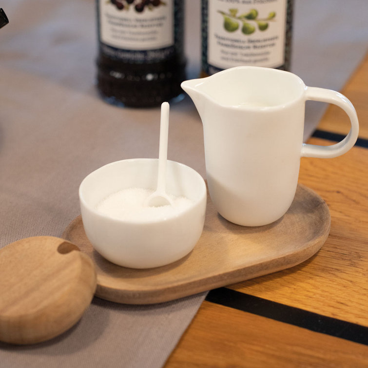 White Porcelain Cream & Sugar Set with Acacia Tray