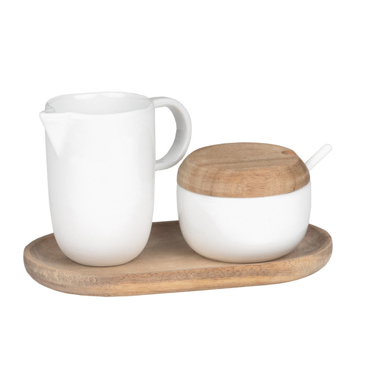 White Porcelain Cream & Sugar Set with Acacia Tray