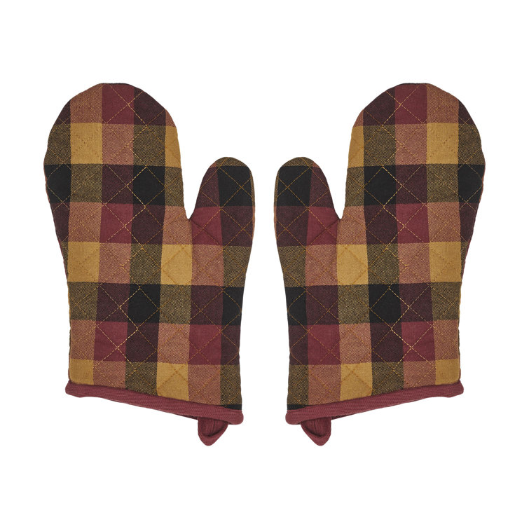 Heritage Farms Checkered Cotton Oven Mitt Set in Deep Burgundy