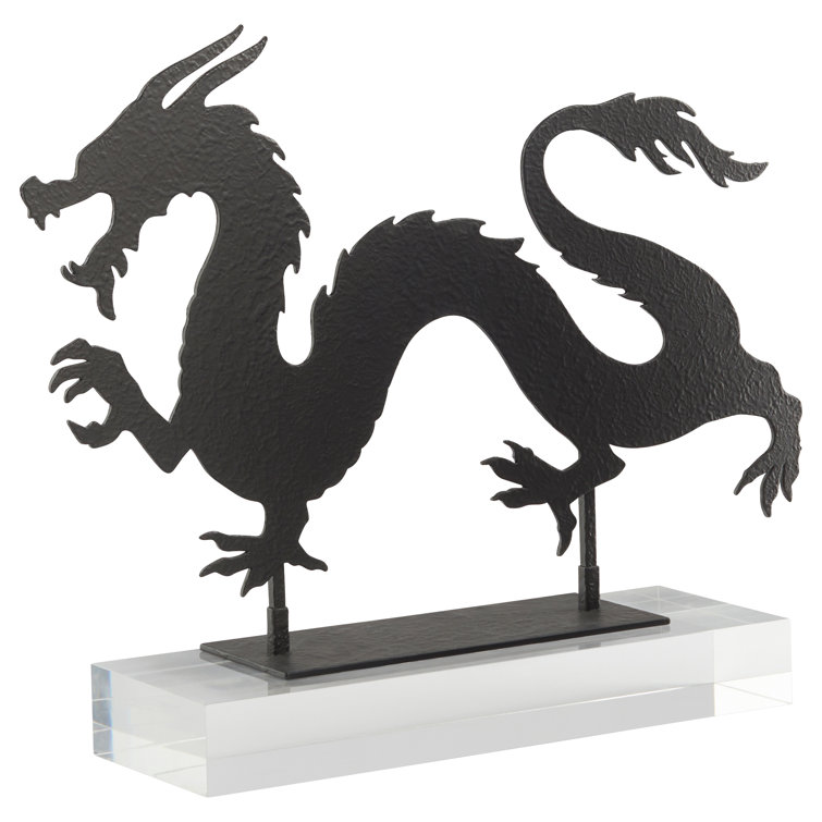 Black Iron Chinoiserie Dragon Sculpture, 16"