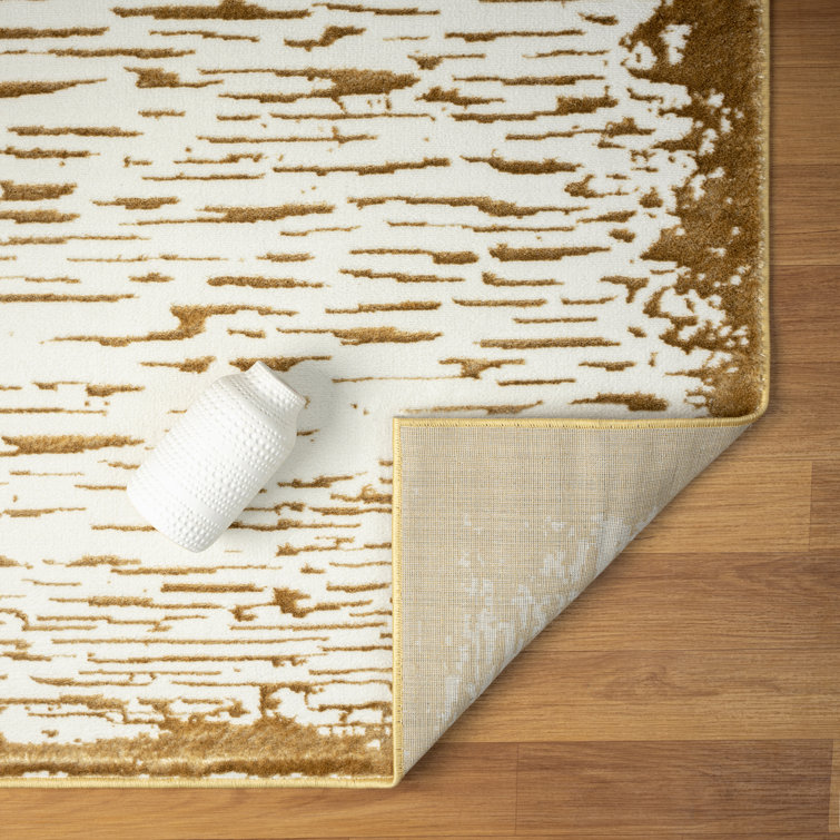 Gold and White Abstract Pattern Synthetic Area Rug, 4' x 5'