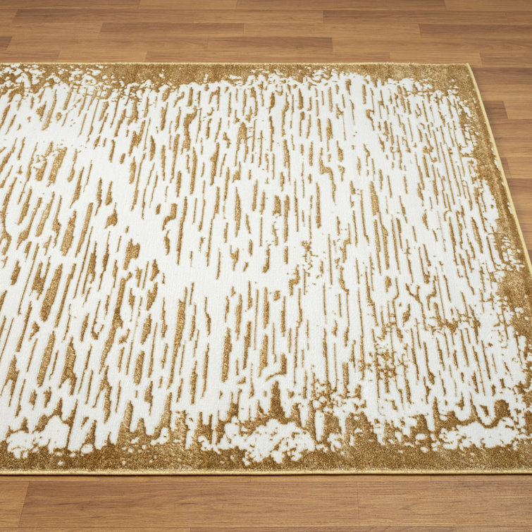 Gold and White Abstract Pattern Synthetic Area Rug, 4' x 5'