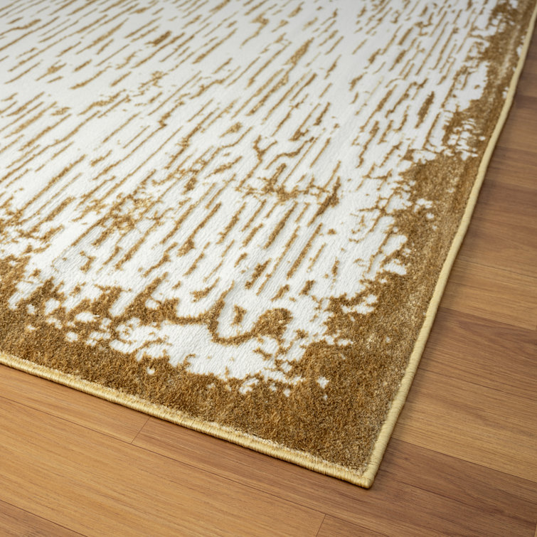Gold and White Abstract Pattern Synthetic Area Rug, 4' x 5'