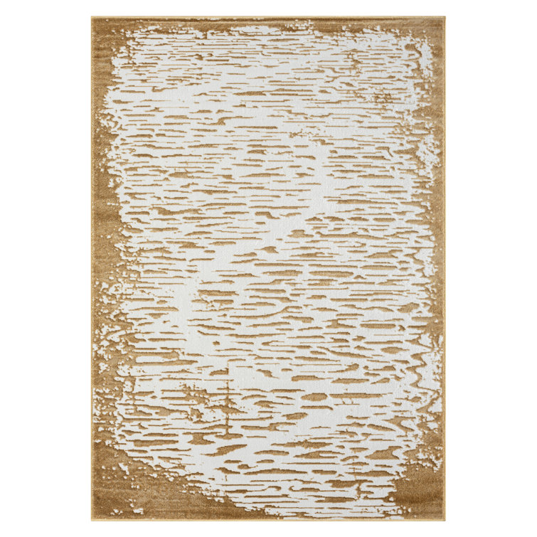 Gold and White Abstract Pattern Synthetic Area Rug, 4' x 5'