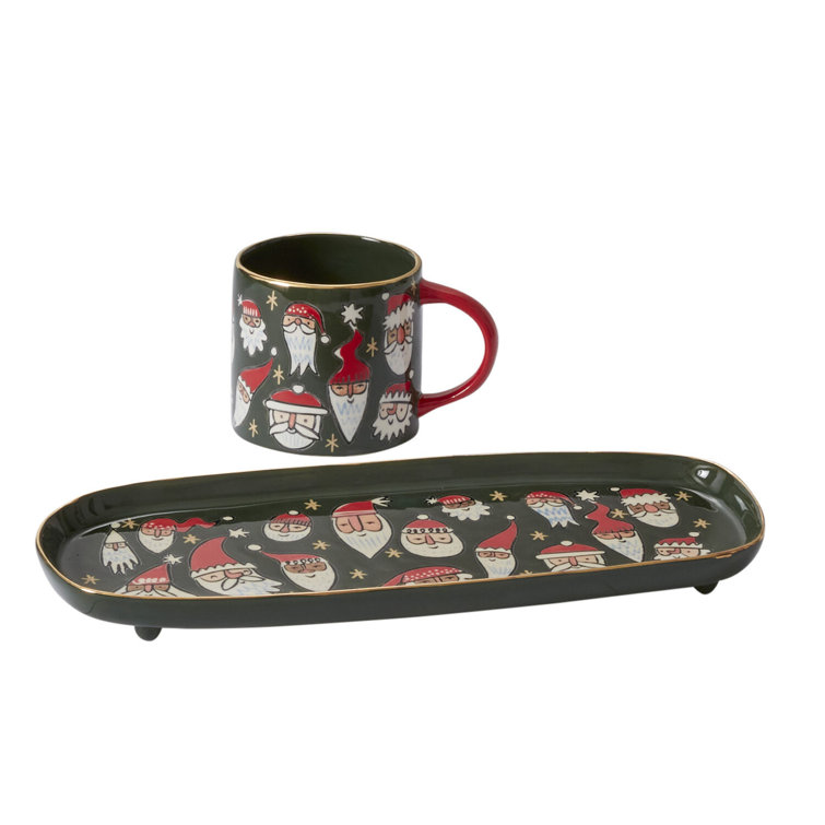 Oval Green Ceramic Serving Tray with Santa Design