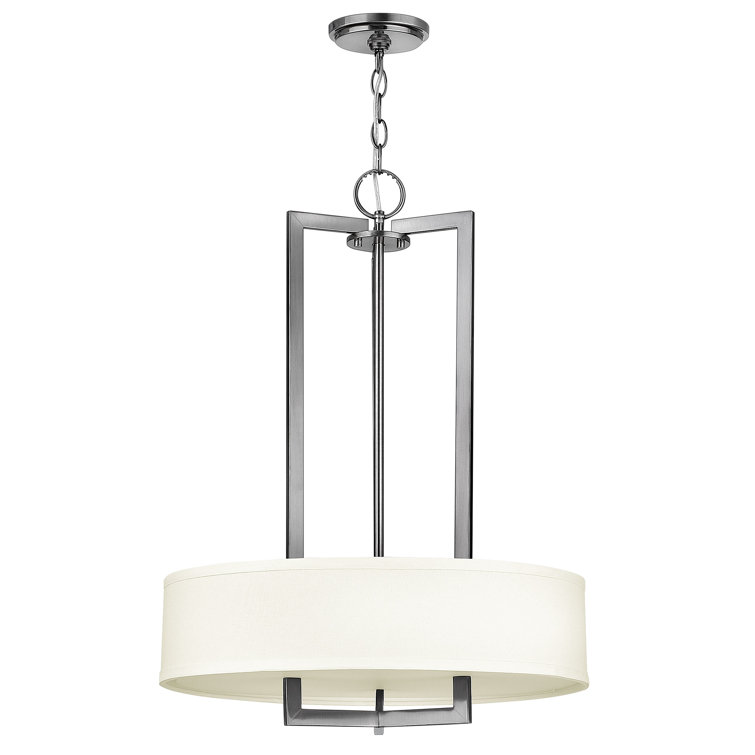 Antique Nickel 3-Light Drum Pendant with Off-White Linen Shade