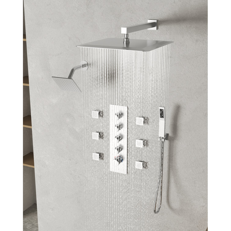 16" Dual Shower Heads with Handheld Spray and Body Jets in Brushed Nickel