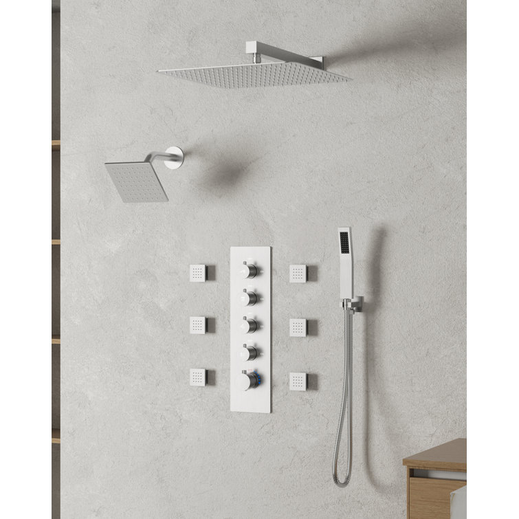 16" Dual Shower Heads with Handheld Spray and Body Jets in Brushed Nickel