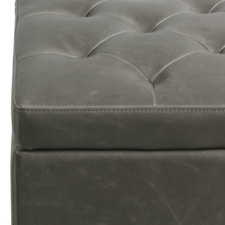 Vintage Gray Tufted Leather Storage Ottoman with Black Birch Legs