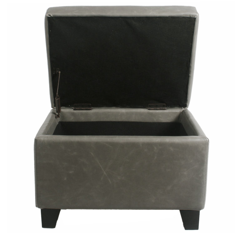 Vintage Gray Tufted Leather Storage Ottoman with Black Birch Legs
