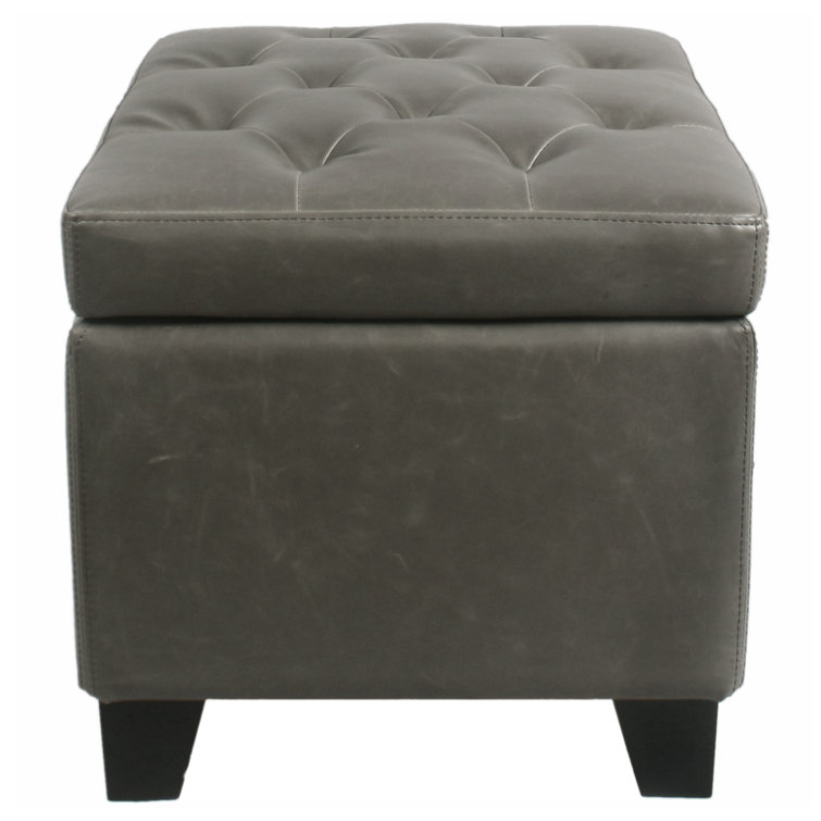 Vintage Gray Tufted Leather Storage Ottoman with Black Birch Legs