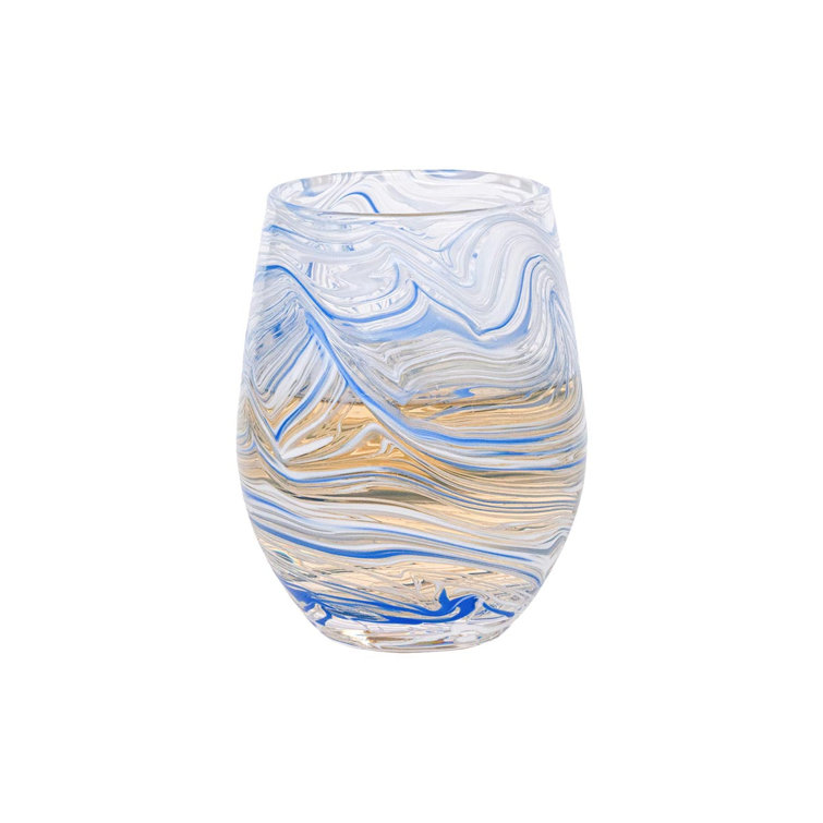 Blue Marbled Glass Stemless Wine Glass for Modern Tables