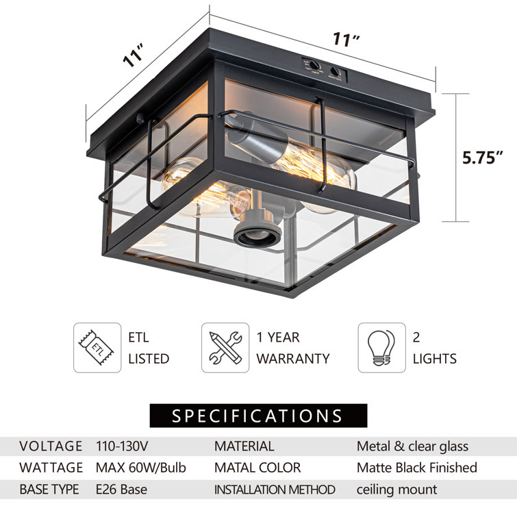 Matte Black 2-Light Outdoor Flush Mount with Clear Glass Shade