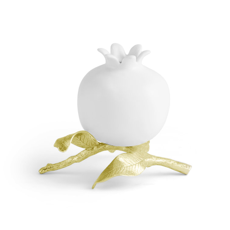 White Porcelain Pomegranate Bud Vase with Brass Base