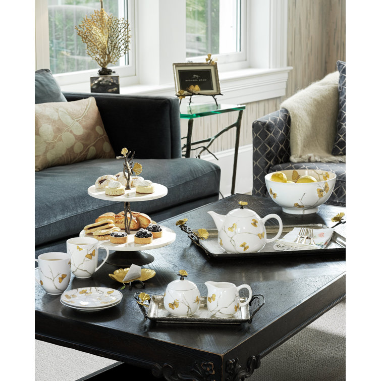 White and Gold Porcelain Butterfly Ginkgo Teapot