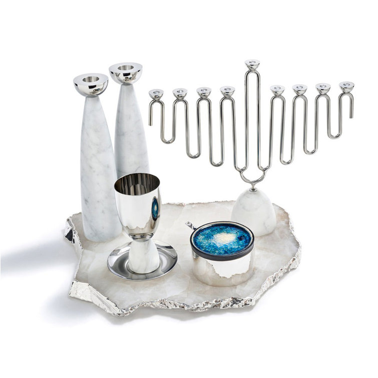 12" Silver and Carrara Marble Modern Menorah