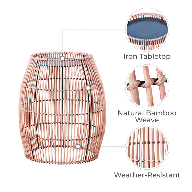 Bohemian Chic Bamboo Drum Side Table with Iron Top, 21"