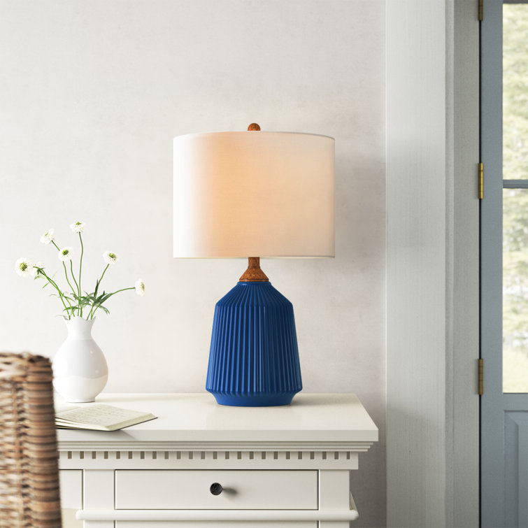 Blue Ceramic Table Lamp with White Linen Shade
