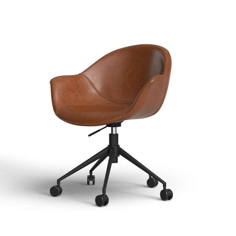 Transitional Ember Swivel Task Chair in Light Brown Leather and Black Wood