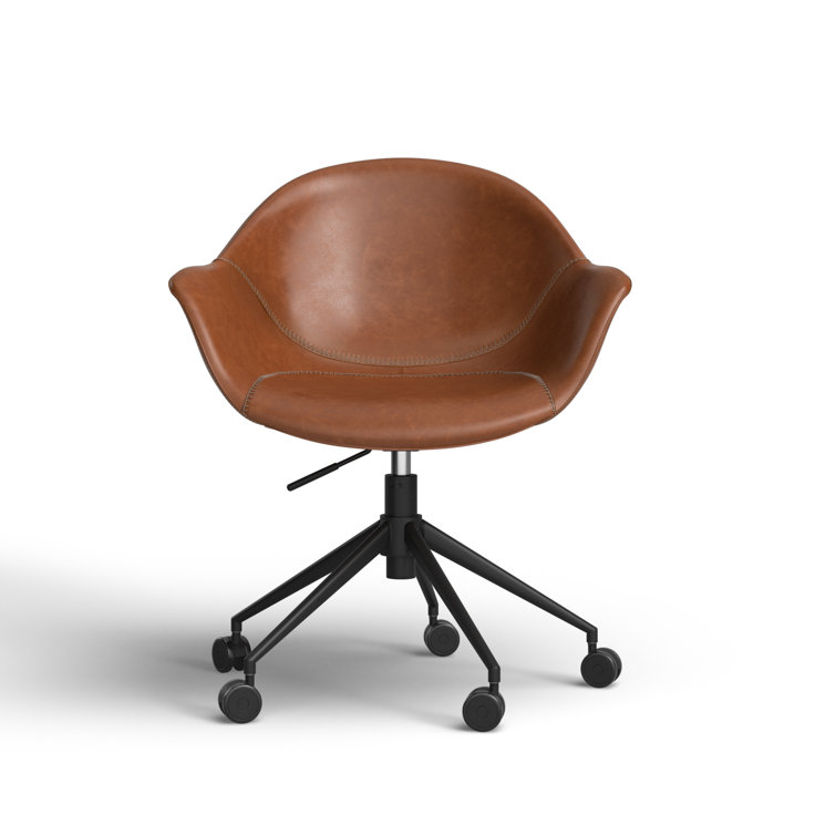 Transitional Ember Swivel Task Chair in Light Brown Leather and Black Wood