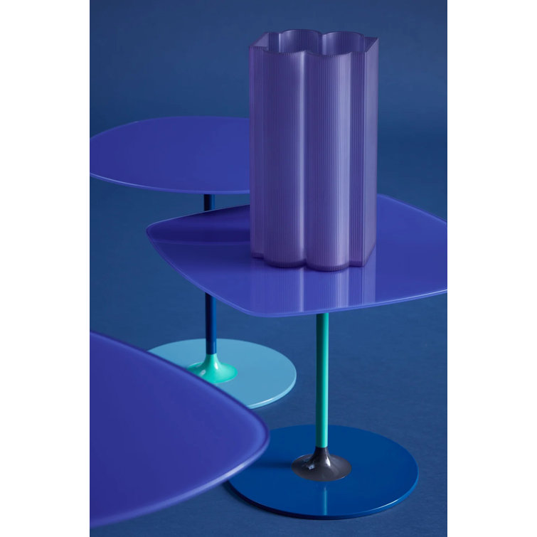Blue Round Metal and Glass Side Table