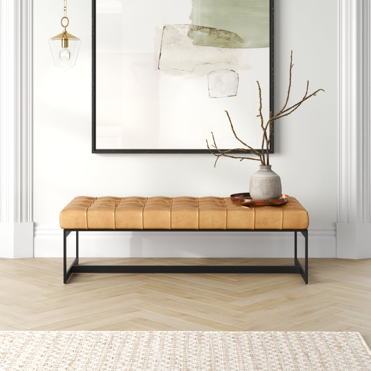 Tan Genuine Leather Industrial Bench with Metal Frame