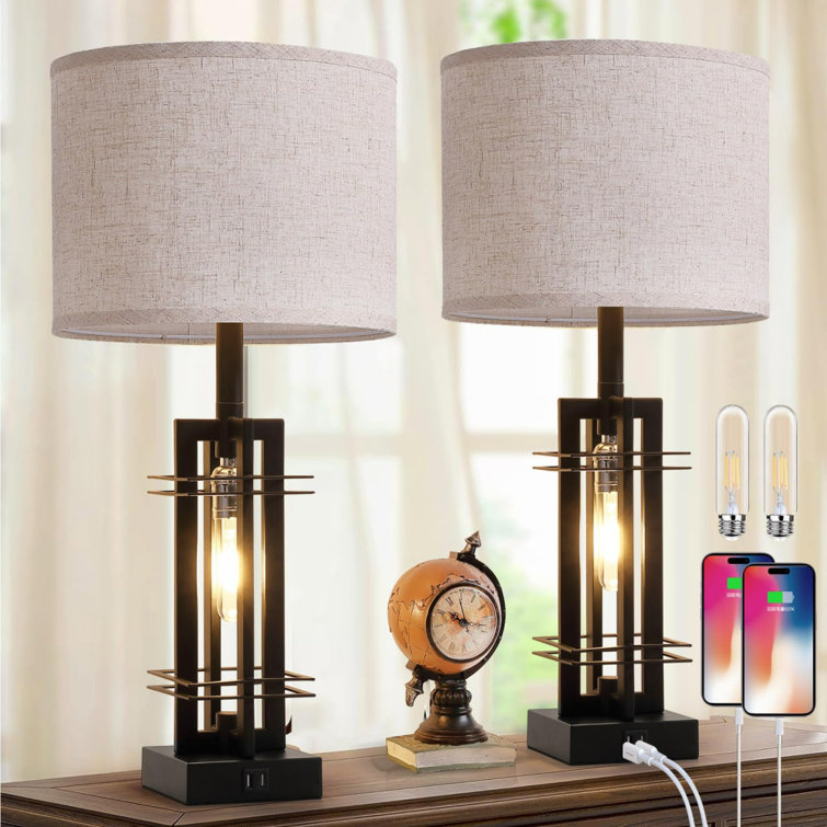 Black Industrial Table Lamps Set with USB Ports and Cream Shades