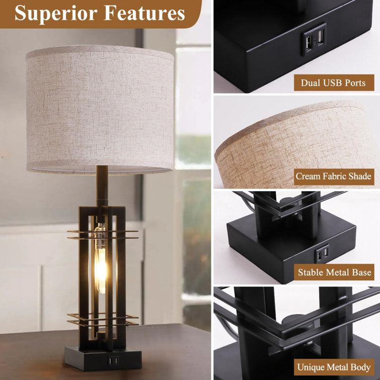 Black Industrial Table Lamps Set with USB Ports and Cream Shades