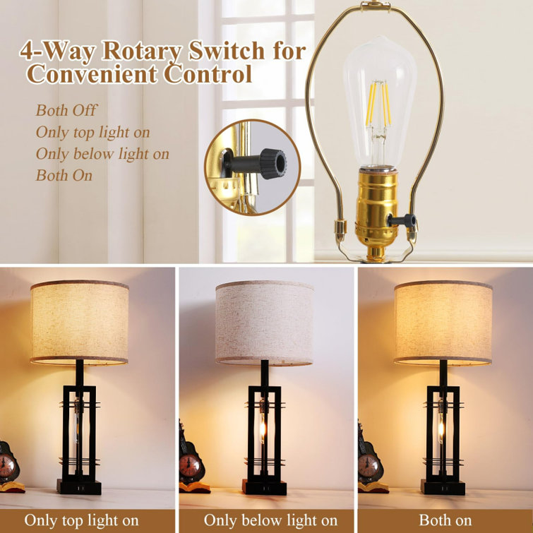 Black Industrial Table Lamps Set with USB Ports and Cream Shades