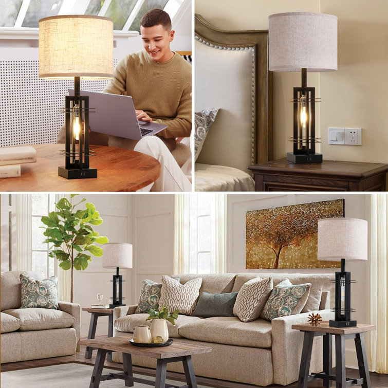 Black Industrial Table Lamps Set with USB Ports and Cream Shades