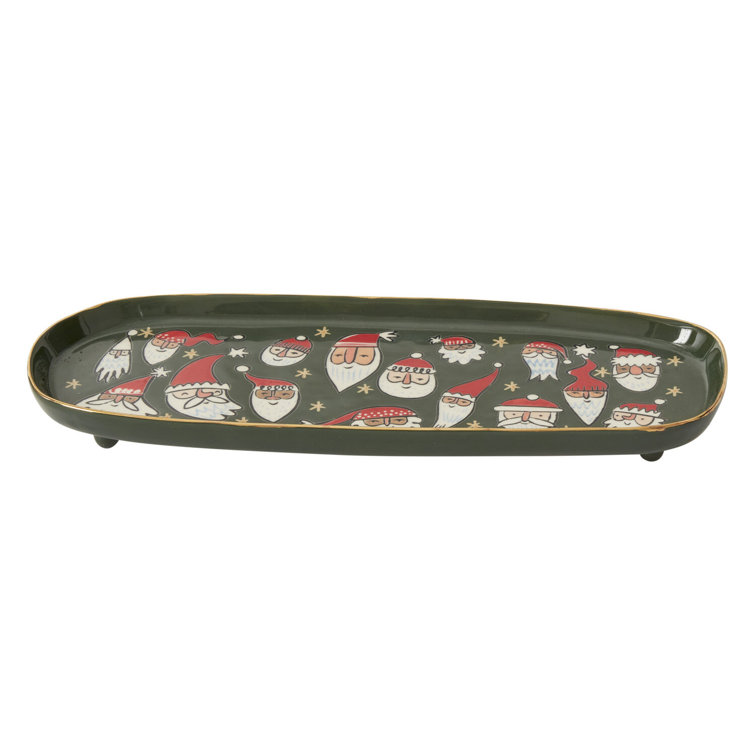Oval Green Ceramic Serving Tray with Santa Design