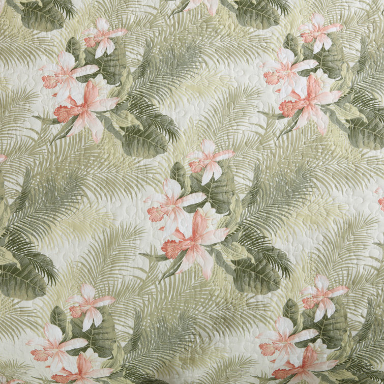 Tropical Green Floral Cotton Reversible Full/Queen Quilt Set