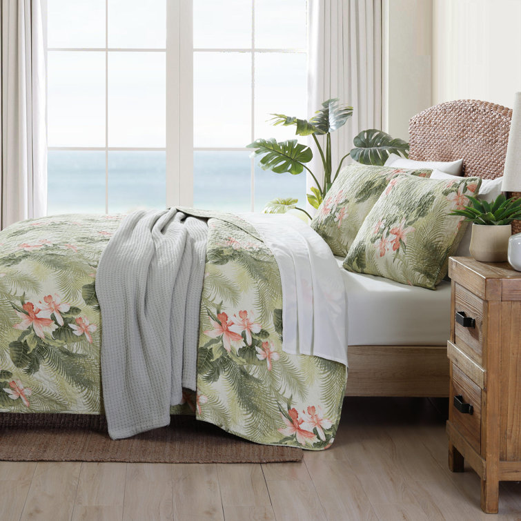 Tropical Green Floral Cotton Reversible Full/Queen Quilt Set