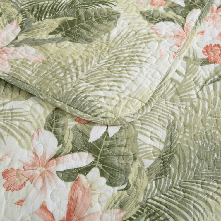 Tropical Green Floral Cotton Reversible Full/Queen Quilt Set