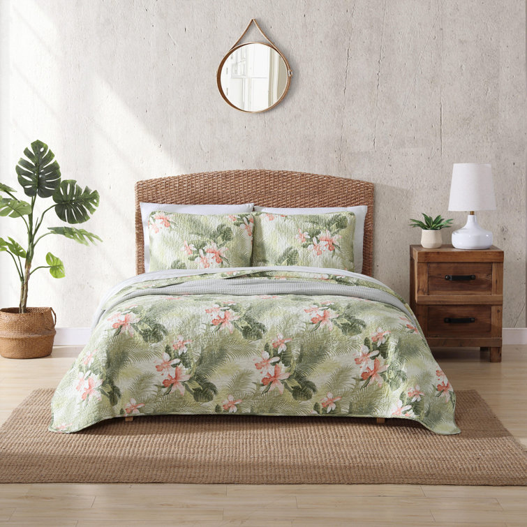 Tropical Green Floral Cotton Reversible Full/Queen Quilt Set
