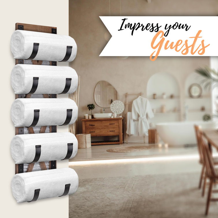 Rustic Brown Wood and Metal Wall Mounted Towel Rack