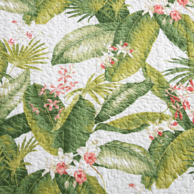 Ecru Twin Cotton Reversible Quilt Set with Palm Leaf Design
