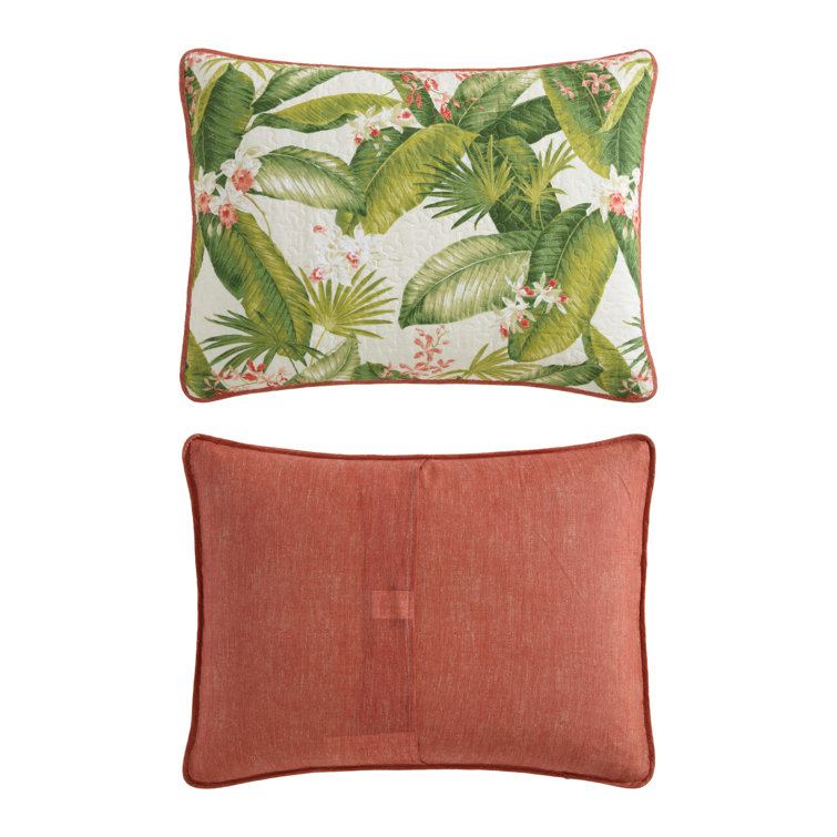 Ecru Twin Cotton Reversible Quilt Set with Palm Leaf Design