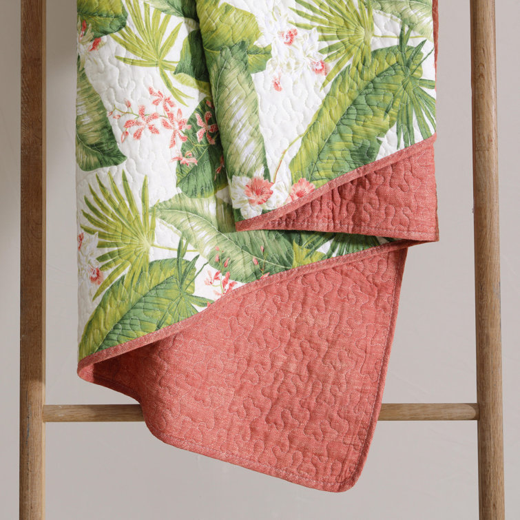 Ecru Twin Cotton Reversible Quilt Set with Palm Leaf Design