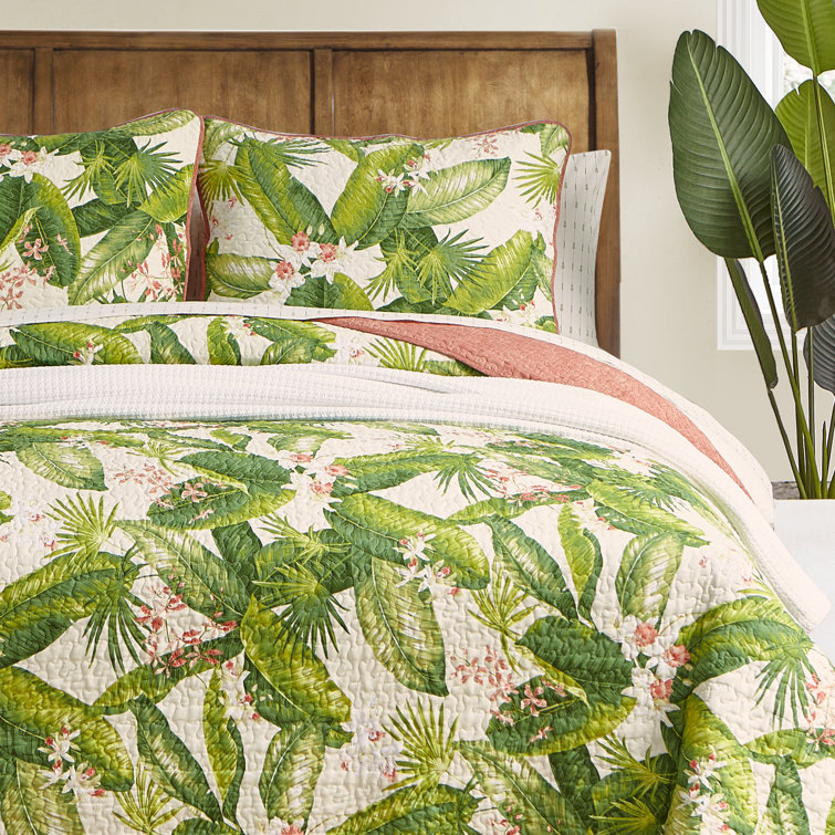 Ecru Twin Cotton Reversible Quilt Set with Palm Leaf Design