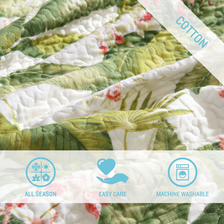 Ecru Twin Cotton Reversible Quilt Set with Palm Leaf Design